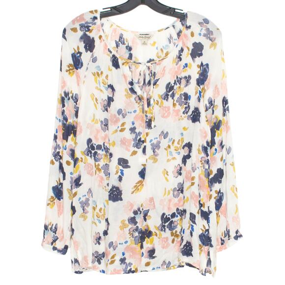 Lucky Brand Womens Top Tie Neck Button Floral Gauzy Beachy Watercolor Medium EE - Picture 9 of 9